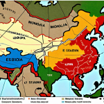 "A dynamic visual representation of Mongolia's geopolitical position, featuring a map of Mongolia centrally placed between larger, influential depictions of China and Russia. Overlapping lines illustrate mineral trade routes (coal, copper) flowing to China and energy pipelines from Russia, symbolizing economic reliance. Simultaneously, subtle elements like outstretched hands or connecting lines extend from Mongolia towards abstract representations of other global partners (e.g., subtle flags of the US, Japan, EU), embodying its 'Third Neighbor' policy and strategic diversification. The scene should convey a sense of a nation navigating complex, powerful neighbors while seeking broader alliances. High-angle view, modern geopolitical mapping aesthetic."