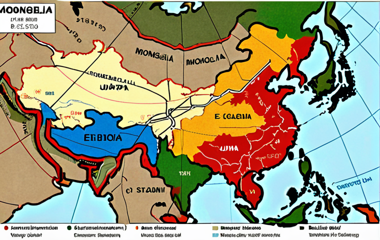 "A dynamic visual representation of Mongolia's geopolitical position, featuring a map of Mongolia centrally placed between larger, influential depictions of China and Russia. Overlapping lines illustrate mineral trade routes (coal, copper) flowing to China and energy pipelines from Russia, symbolizing economic reliance. Simultaneously, subtle elements like outstretched hands or connecting lines extend from Mongolia towards abstract representations of other global partners (e.g., subtle flags of the US, Japan, EU), embodying its 'Third Neighbor' policy and strategic diversification. The scene should convey a sense of a nation navigating complex, powerful neighbors while seeking broader alliances. High-angle view, modern geopolitical mapping aesthetic."