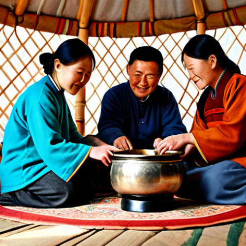 Home 16 **
"A family-friendly scene of a Mongolian family in traditional clothing inside a ger (yurt), sharing Suutei Tsai from a communal bowl, fully clothed, appropriate content, safe for work, perfect anatomy, natural proportions, professional photography, warm lighting, modest clothing, showcasing hospitality and tradition."
**