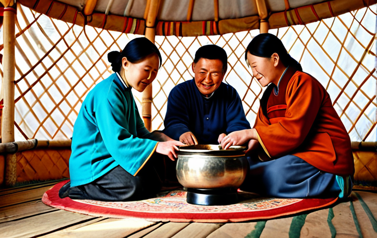 **

"A family-friendly scene of a Mongolian family in traditional clothing inside a ger (yurt), sharing Suutei Tsai from a communal bowl, fully clothed, appropriate content, safe for work, perfect anatomy, natural proportions, professional photography, warm lighting, modest clothing, showcasing hospitality and tradition."

**