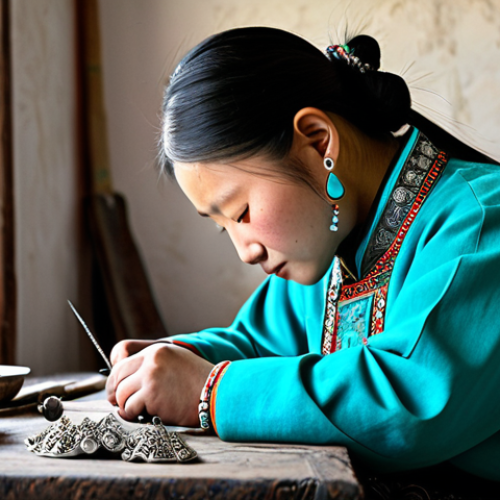 Home 7 **
"Mongolian artisan crafting intricate silver jewelry with turquoise and coral gemstones, traditional tools, nomadic workshop setting, filigree technique, safe for work, appropriate content, fully clothed, professional craftsmanship, perfect anatomy, correct proportions, natural pose, modest clothing, high quality."
**