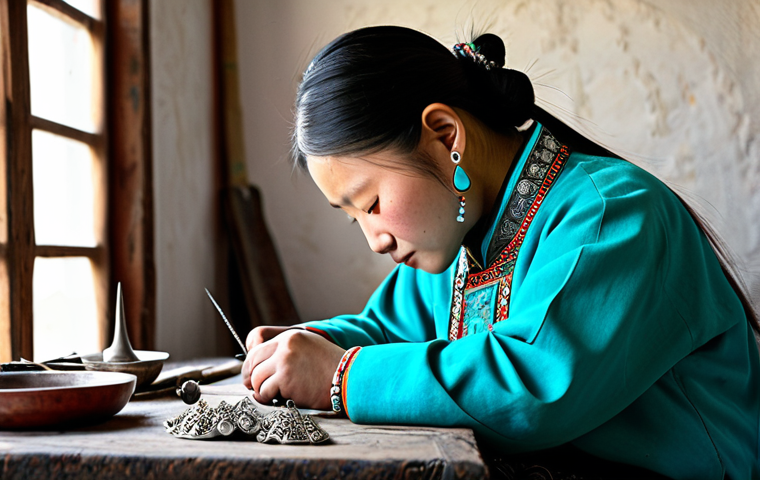 **

"Mongolian artisan crafting intricate silver jewelry with turquoise and coral gemstones, traditional tools, nomadic workshop setting, filigree technique, safe for work, appropriate content, fully clothed, professional craftsmanship, perfect anatomy, correct proportions, natural pose, modest clothing, high quality."

**