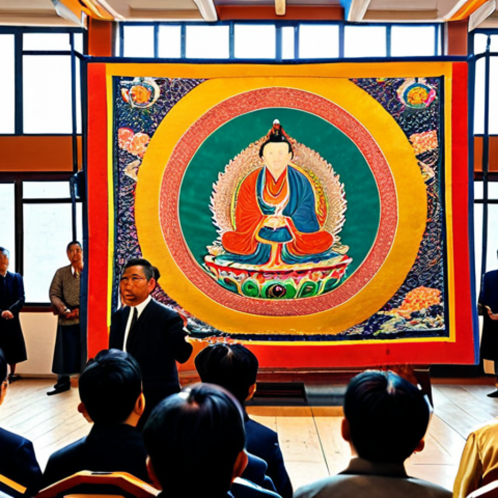 **

"A well-lit auction house scene featuring a fully clothed auctioneer presenting a colorful Mongolian Thangka painting to a diverse audience. Focus on the artistry of the Thangka with intricate details and vibrant colors. The audience should be respectfully observing. Safe for work, appropriate content, professional setting, perfect anatomy, natural proportions, high-quality rendering."

**