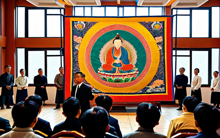 **
"A well-lit auction house scene featuring a fully clothed auctioneer presenting a colorful Mongolian Thangka painting to a diverse audience. Focus on the artistry of the Thangka with intricate details and vibrant colors. The audience should be respectfully observing. Safe for work, appropriate content, professional setting, perfect anatomy, natural proportions, high-quality rendering."
**