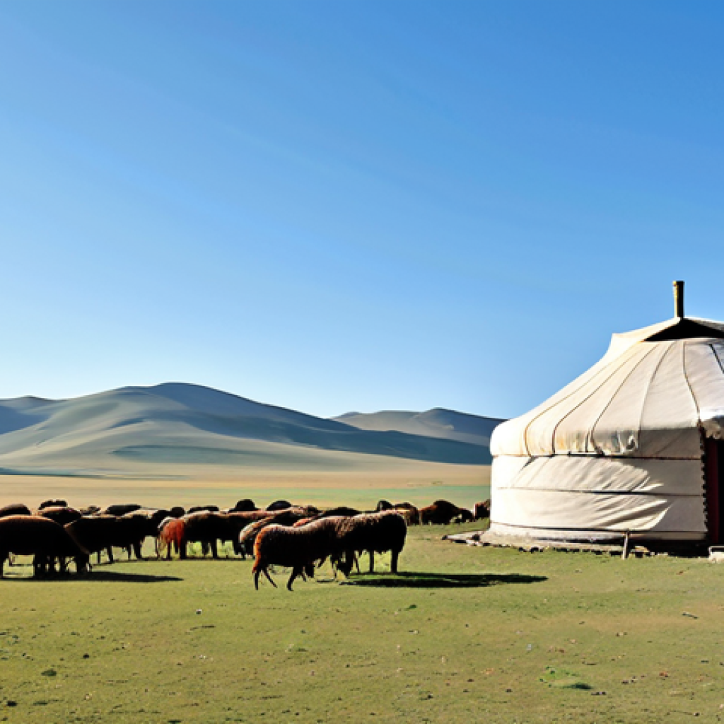 **

A vast Mongolian steppe landscape with a nomadic family's ger (yurt) in the foreground.  The family, fully clothed in traditional deels, tends to their herd of sheep, goats, horses, and camels.  Distant rolling hills and a clear blue sky.  Warm, natural lighting.  Perfect anatomy, correct proportions, natural pose, safe for work, appropriate content, fully clothed, professional, family-friendly.

**
