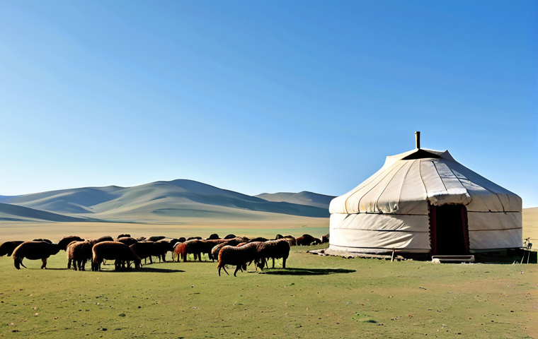 **

A vast Mongolian steppe landscape with a nomadic family's ger (yurt) in the foreground.  The family, fully clothed in traditional deels, tends to their herd of sheep, goats, horses, and camels.  Distant rolling hills and a clear blue sky.  Warm, natural lighting.  Perfect anatomy, correct proportions, natural pose, safe for work, appropriate content, fully clothed, professional, family-friendly.

**