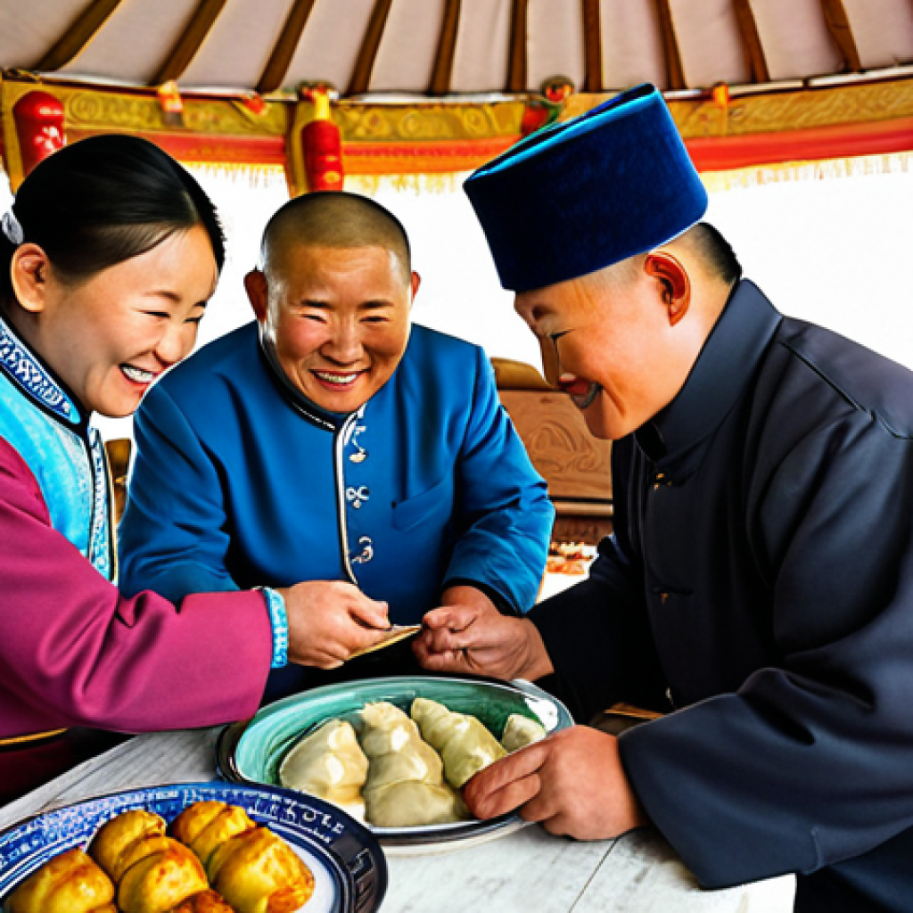 Tsagaan Sar (Mongolian New Year)**

A family-friendly scene depicting the Tsagaan Sar celebration in Mongolia. A multigenerational family, fully clothed in Deel (traditional Mongolian dress), exchanging greetings and gifts. The setting is a warmly decorated Ger (Yurt) interior. Include elements like Buuz (steamed dumplings) on a table. safe for work, appropriate content, perfect anatomy, natural proportions, high quality, professional, modest clothing.

**