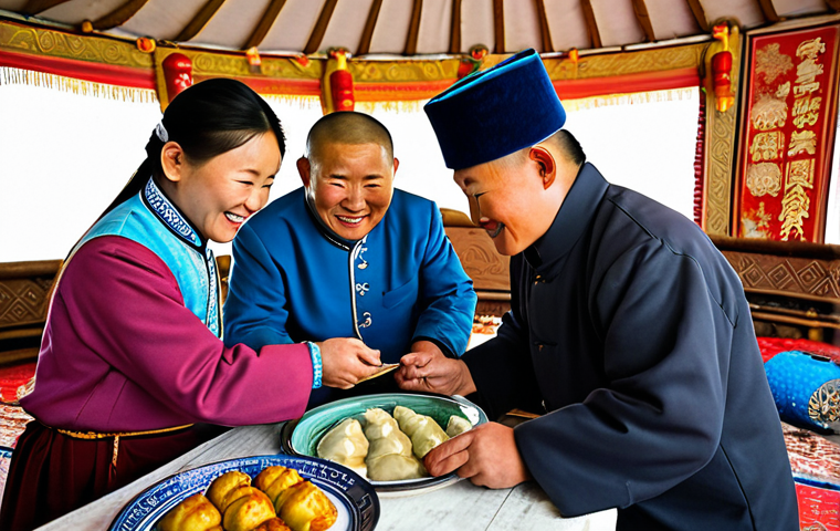 Tsagaan Sar (Mongolian New Year)**

A family-friendly scene depicting the Tsagaan Sar celebration in Mongolia. A multigenerational family, fully clothed in Deel (traditional Mongolian dress), exchanging greetings and gifts. The setting is a warmly decorated Ger (Yurt) interior. Include elements like Buuz (steamed dumplings) on a table. safe for work, appropriate content, perfect anatomy, natural proportions, high quality, professional, modest clothing.

**