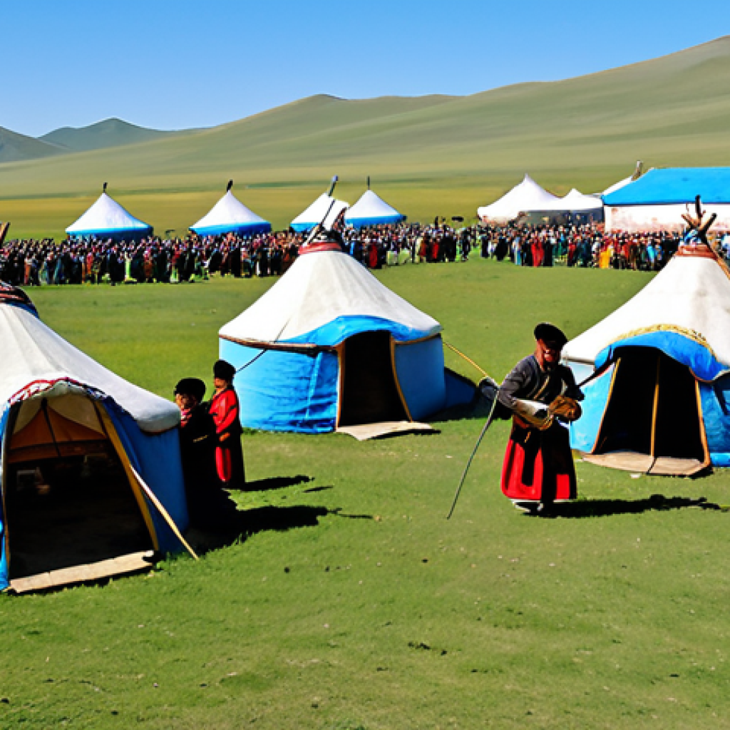 A wide shot of the Mongolian Music Festival, featuring traditional yurts (tents) scattered across a vast, grassy plain under a bright blue sky. In the foreground, several fully clothed musicians in traditional Mongolian "Deel" attire are playing traditional instruments. Perfect anatomy, correct proportions, natural pose, well-formed hands, proper finger count, natural body proportions. Safe for work, appropriate content, fully clothed, family-friendly, professional photography, high quality.