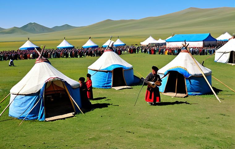 A wide shot of the Mongolian Music Festival, featuring traditional yurts (tents) scattered across a vast, grassy plain under a bright blue sky. In the foreground, several fully clothed musicians in traditional Mongolian "Deel" attire are playing traditional instruments. Perfect anatomy, correct proportions, natural pose, well-formed hands, proper finger count, natural body proportions. Safe for work, appropriate content, fully clothed, family-friendly, professional photography, high quality.