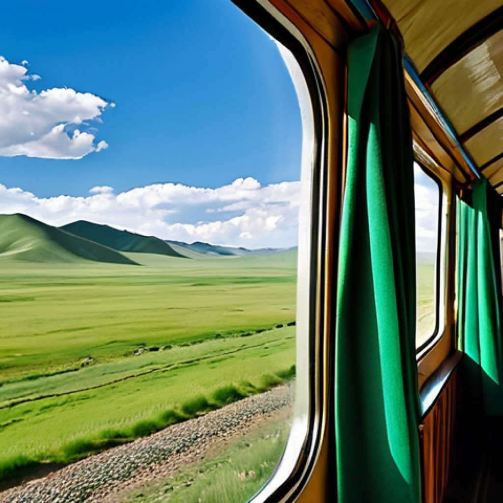 Train Journey & Landscape**

"Scenic view from a train window, traveling through Mongolia. Rolling green hills, blue sky, traditional yurt visible in the distance, fully clothed travelers inside the train, appropriate attire, safe for work, perfect anatomy, natural proportions, professional photography, family-friendly, high quality."

**