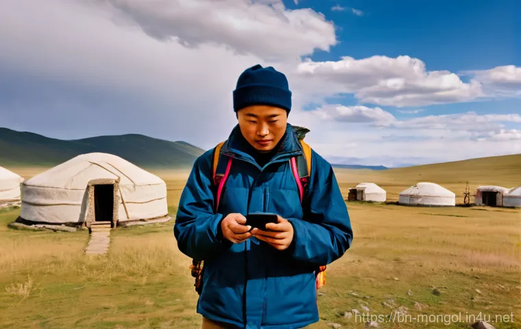 몽골 여행 시 필요한 어플 - **Prompt 1: Navigating the Vast Mongolian Steppe**
    "A lone adventurous traveler, dressed in prac...