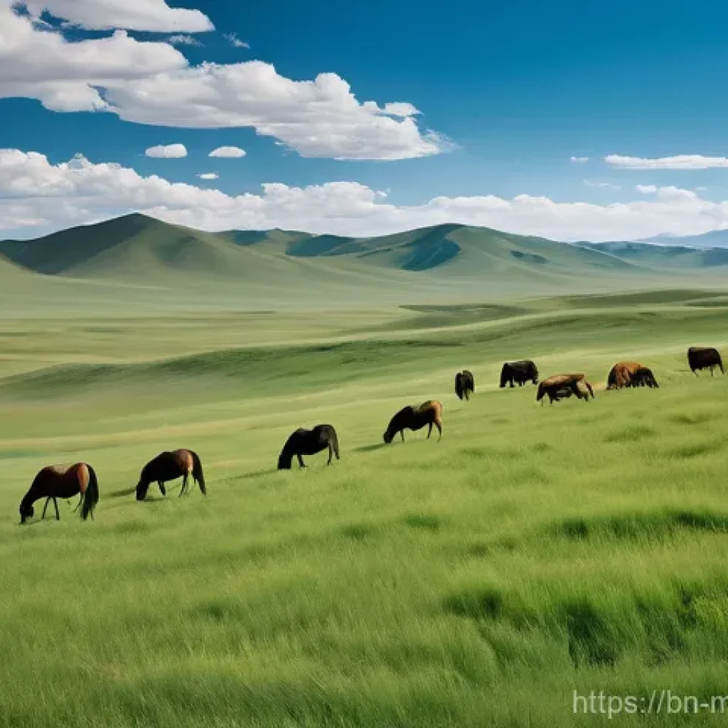 몽골의 자생 식물 - **A Glimpse of Nomadic Life on the Mongolian Steppe:**
    "A wide, panoramic shot of the vast, undu...