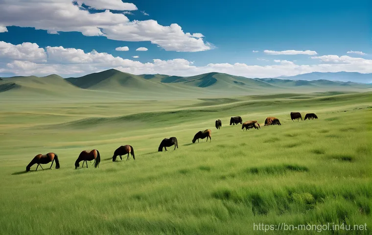 몽골의 자생 식물 - **A Glimpse of Nomadic Life on the Mongolian Steppe:**
    "A wide, panoramic shot of the vast, undu...