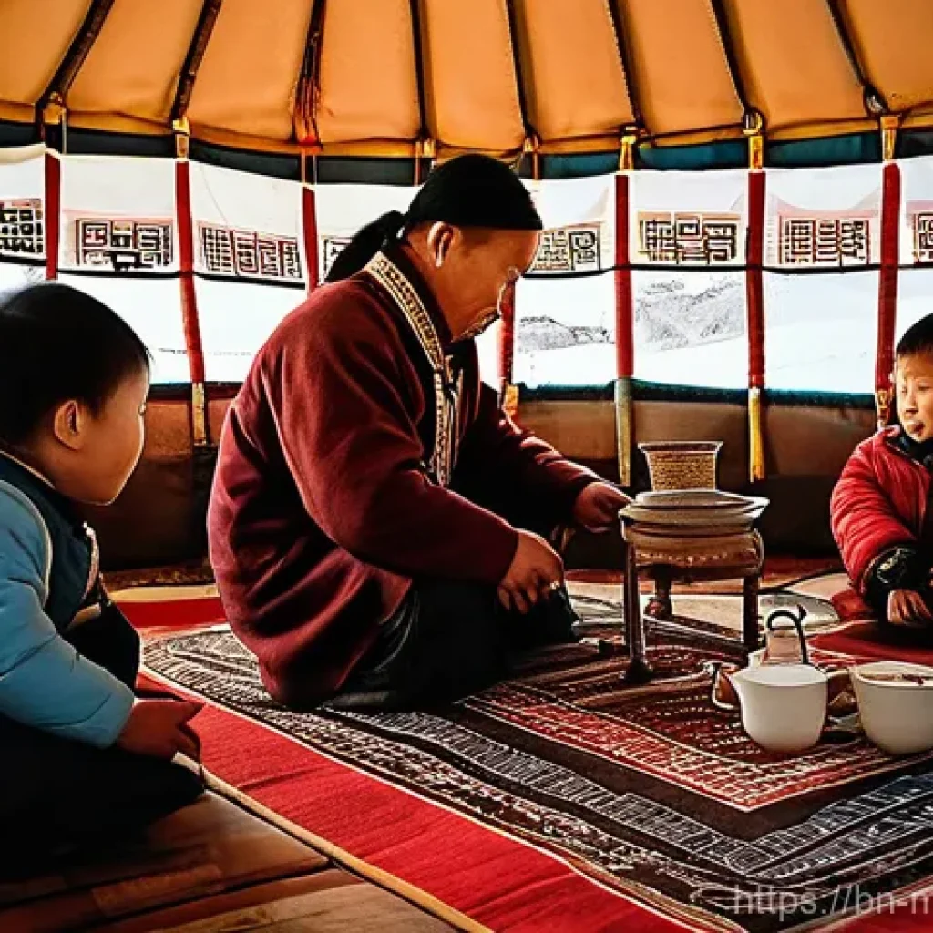 몽골의 문화적 배경 - **Prompt:** A heartwarming scene inside a traditional Mongolian Ger (yurt) during winter. A multi-ge...