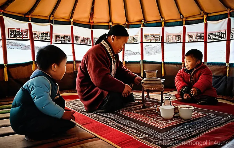 몽골의 문화적 배경 - **Prompt:** A heartwarming scene inside a traditional Mongolian Ger (yurt) during winter. A multi-ge...
