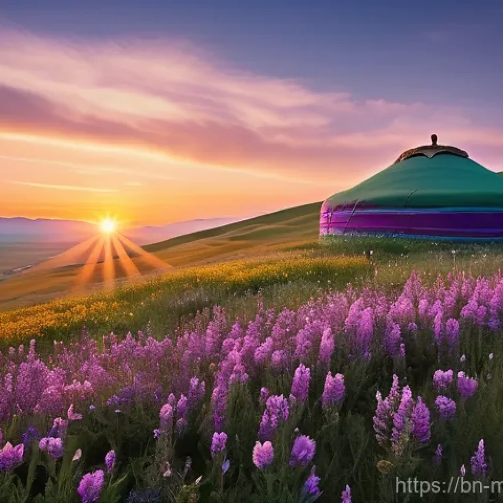 몽골 야생화의 아름다움 - **Prompt 1: "A breathtaking panoramic view of the vast Mongolian steppe at sunrise, blanketed with a...