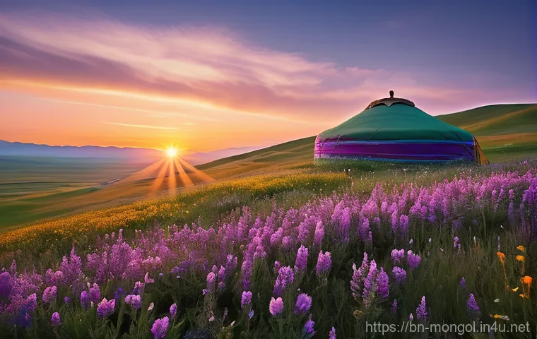 몽골 야생화의 아름다움 - **Prompt 1: "A breathtaking panoramic view of the vast Mongolian steppe at sunrise, blanketed with a...