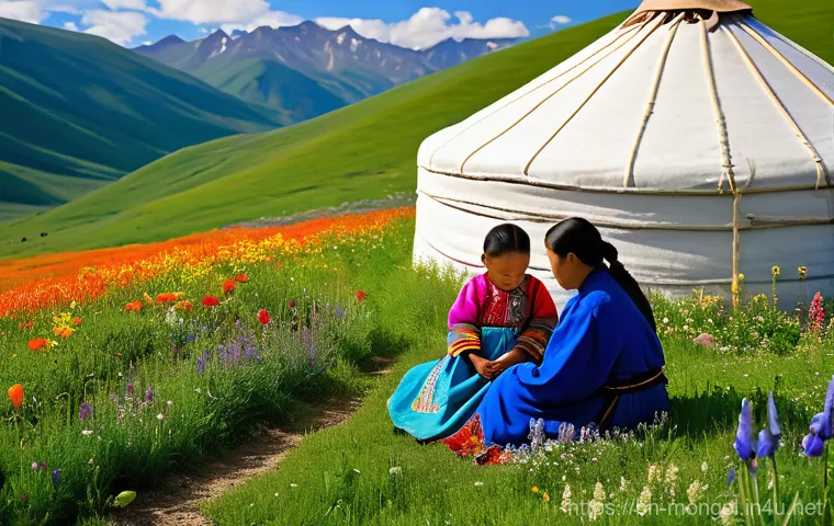 몽골 야생화의 아름다움 - **Prompt 1: "A breathtaking panoramic view of the vast Mongolian steppe at sunrise, blanketed with a...