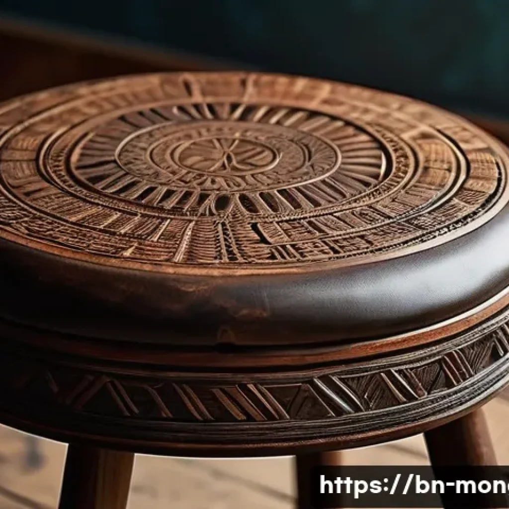 몽골의 전통 가구 - **A close-up, highly detailed photograph of a handcrafted nomadic wooden stool.** The stool showcase...