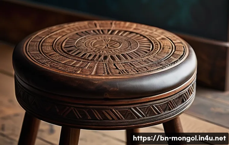 몽골의 전통 가구 - **A close-up, highly detailed photograph of a handcrafted nomadic wooden stool.** The stool showcase...