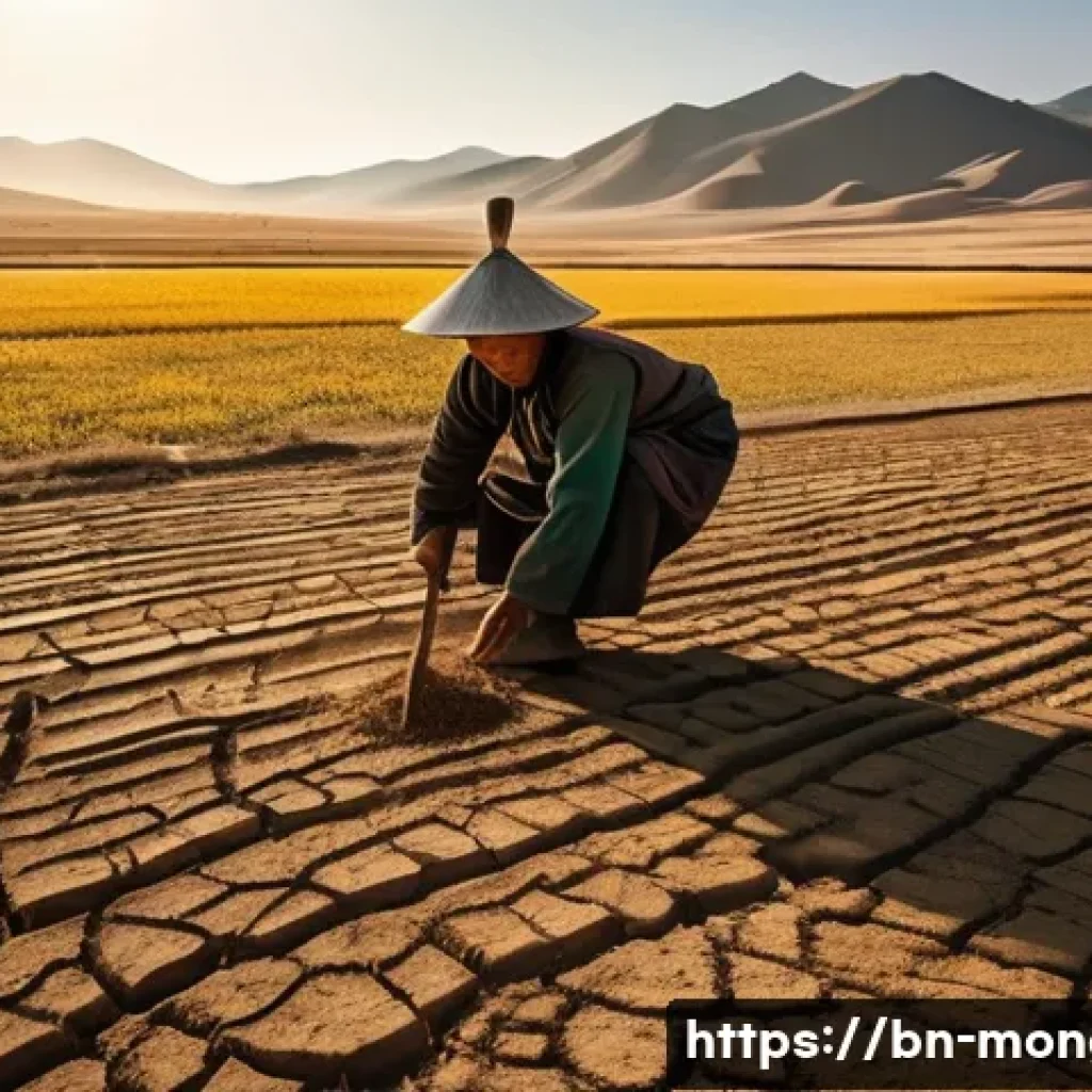 몽골의 기후 변화 영향 - A detailed rural Mongolian farm landscape under a harsh drought, showing dry cracked soil and wither...