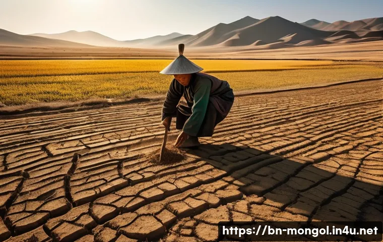 몽골의 기후 변화 영향 - A detailed rural Mongolian farm landscape under a harsh drought, showing dry cracked soil and wither...