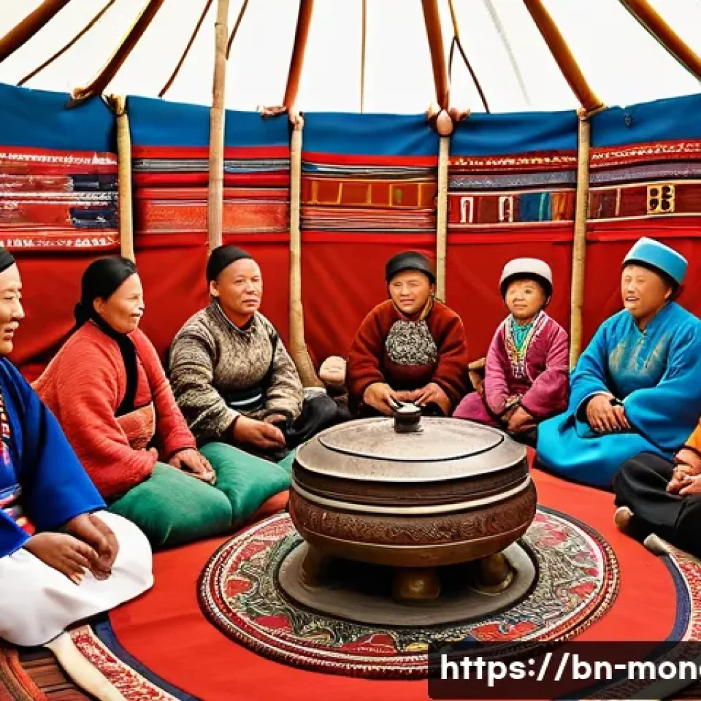 몽골의 전통적 가족 가치 - A warm, detailed scene of a traditional Mongolian family gathering inside a yurt during the Naadam F...