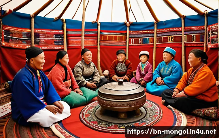 몽골의 전통적 가족 가치 - A warm, detailed scene of a traditional Mongolian family gathering inside a yurt during the Naadam F...