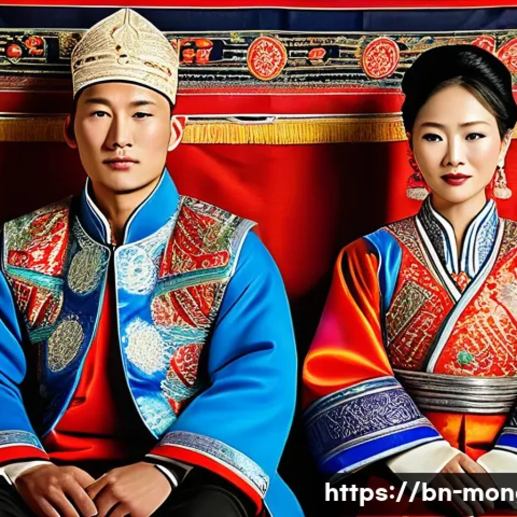 몽골 전통 의복의 상징성 - A traditional Mongolian wedding scene featuring a bride and groom dressed in vibrant, elaborately em...