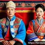 몽골 전통 의복의 상징성 - A traditional Mongolian wedding scene featuring a bride and groom dressed in vibrant, elaborately em...