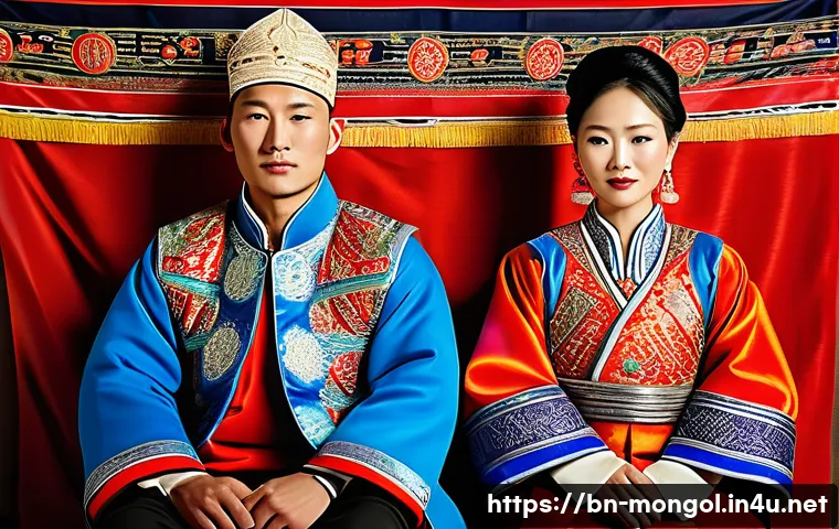 몽골 전통 의복의 상징성 - A traditional Mongolian wedding scene featuring a bride and groom dressed in vibrant, elaborately em...