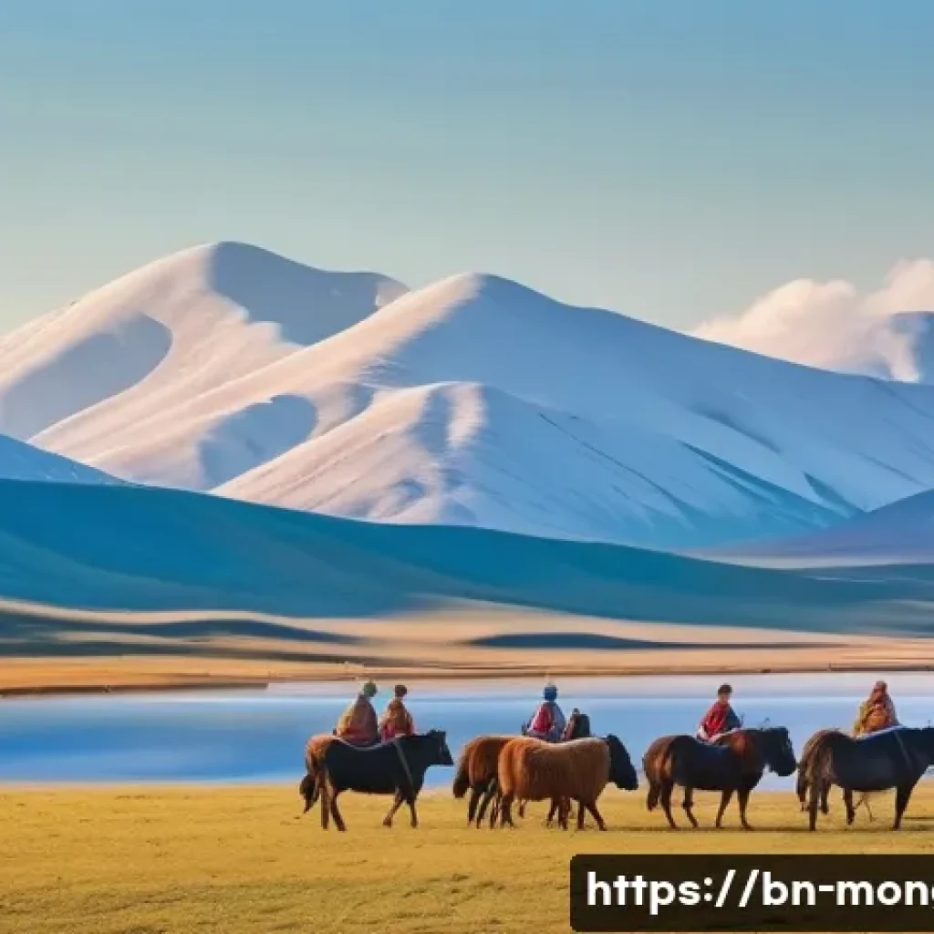 몽골과 유라시아 연결고리 - A vast Mongolian steppe landscape under a clear blue sky, featuring traditional nomadic herders in c...