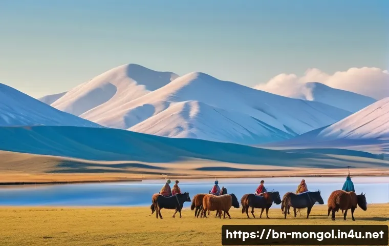 몽골과 유라시아 연결고리 - A vast Mongolian steppe landscape under a clear blue sky, featuring traditional nomadic herders in c...