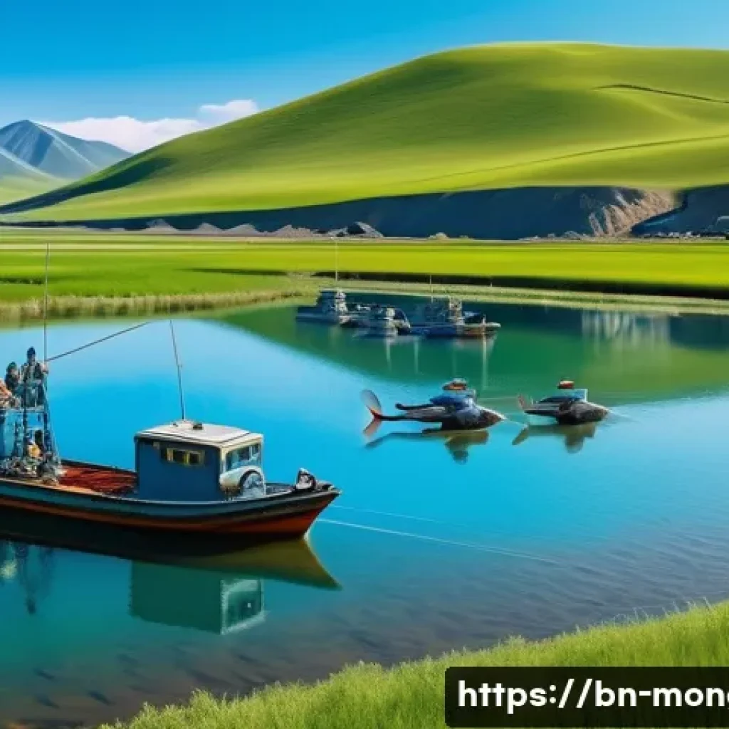 몽골 수산업 발전 현황 - A modern Mongolian fisheries farm scene showcasing advanced technology: fishermen wearing practical ...