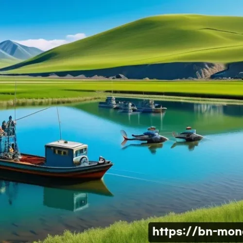 몽골 수산업 발전 현황 - A modern Mongolian fisheries farm scene showcasing advanced technology: fishermen wearing practical ...