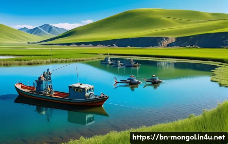 몽골 수산업 발전 현황 - A modern Mongolian fisheries farm scene showcasing advanced technology: fishermen wearing practical ...