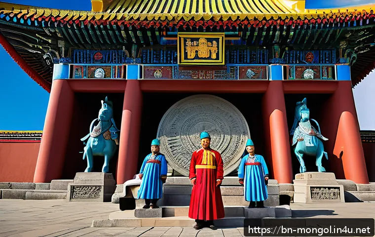 몽골의 독립 기념관 - A majestic outdoor scene depicting the Ulaanbaatar Independence Monument in Mongolia, surrounded by ...