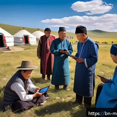 몽골의 사회적 문제 해결 노력 - A vibrant scene of a Mongolian rural community meeting outdoors under clear blue skies, with diverse...
