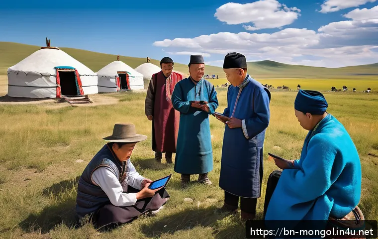 몽골의 사회적 문제 해결 노력 - A vibrant scene of a Mongolian rural community meeting outdoors under clear blue skies, with diverse...