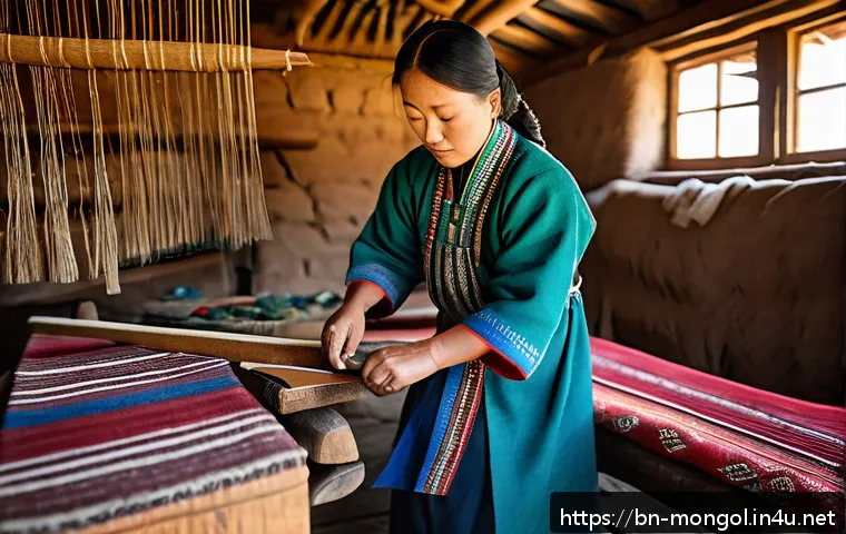 몽골의 전통 수공예 공방 - A skilled Mongolian artisan in traditional attire carefully weaving intricate wool textiles using na...