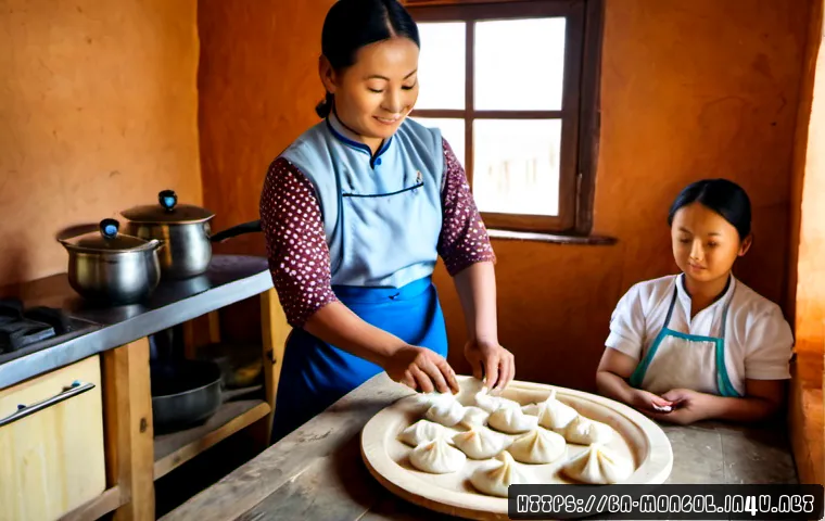 몽골 전통 요리 배우기 - Photorealistic cooking lesson in a warm Mongolian ger kitchen, an adult Bengali learner wearing mode...
