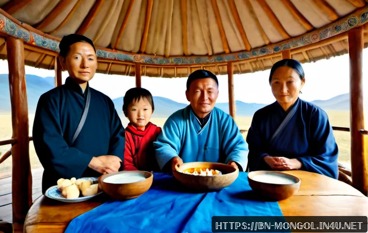 몽골에서의 전통 차례와 의식 - Photorealistic Mongolian family honoring ancestors inside a traditional ger, elders and adults in el...