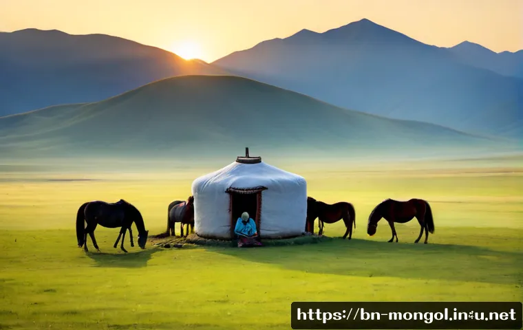 Home 17 몽골의 초원 라이프스타일 - Photorealistic Mongolian steppe lifestyle at sunrise, a nomadic family in modest traditional clothin...