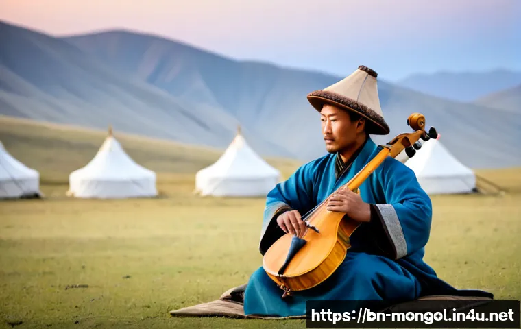 Home 17 몽골의 전통 노래와 음악 - Photorealistic Mongolian traditional musician seated on open grassland at sunrise, playing a wooden ...