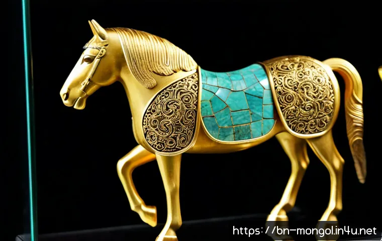 몽골 황금기의 유물 - Photorealistic museum display of a finely crafted Mongol Empire golden horse ornament, intricate fil...