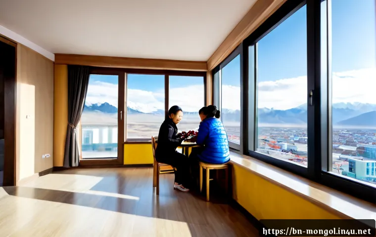 몽골 문화 속의 현대적 변화 - Photorealistic wide-angle scene of a young Mongolian family inside a modern apartment in Ulaanbaatar...
