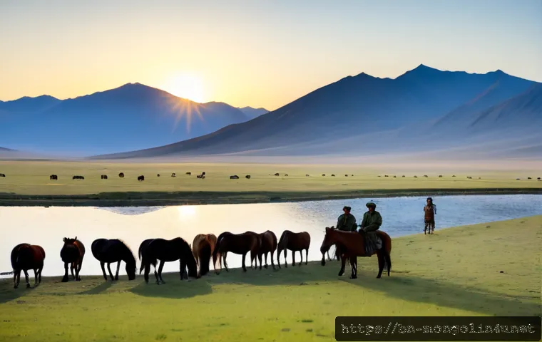 몽골에서의 환경 보호 정책 - Photorealistic wide-angle view of Mongolia’s open steppe at sunrise, a park ranger in practical outd...