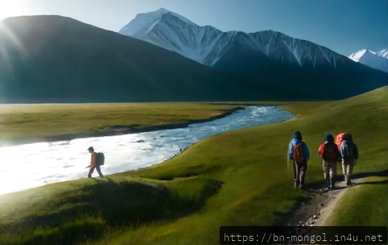 몽골 북부 지역 탐험 - Photorealistic northern Mongolia expedition at sunrise, a small group of warmly dressed hikers walki...