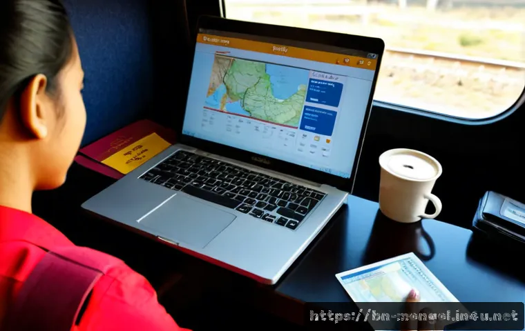 몽골로 가는 열차 티켓 구매법 - Photorealistic travel planning scene, Bengali family traveler seated at a clean desk comparing an op...